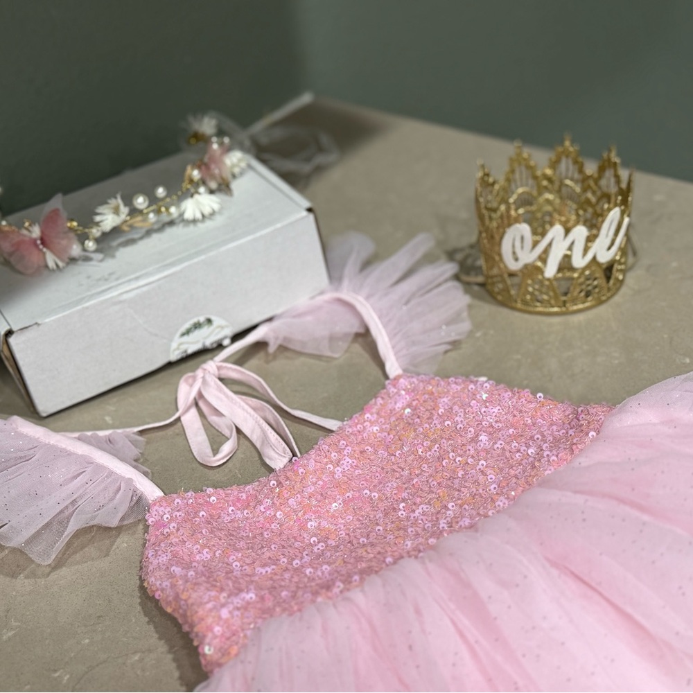 Pink Sequin Baby Dress with Tulle Skirt